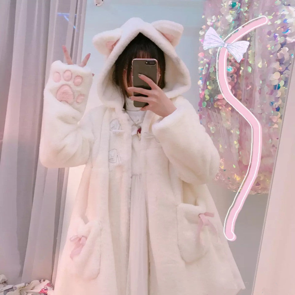 Warm Faux Fur Coat with Sweet Cat Paw Embroidery and Hood with Ears