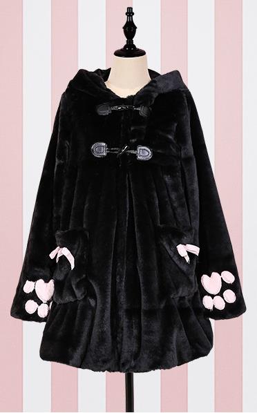 Warm Faux Fur Coat with Sweet Cat Paw Embroidery and Hood with Ears